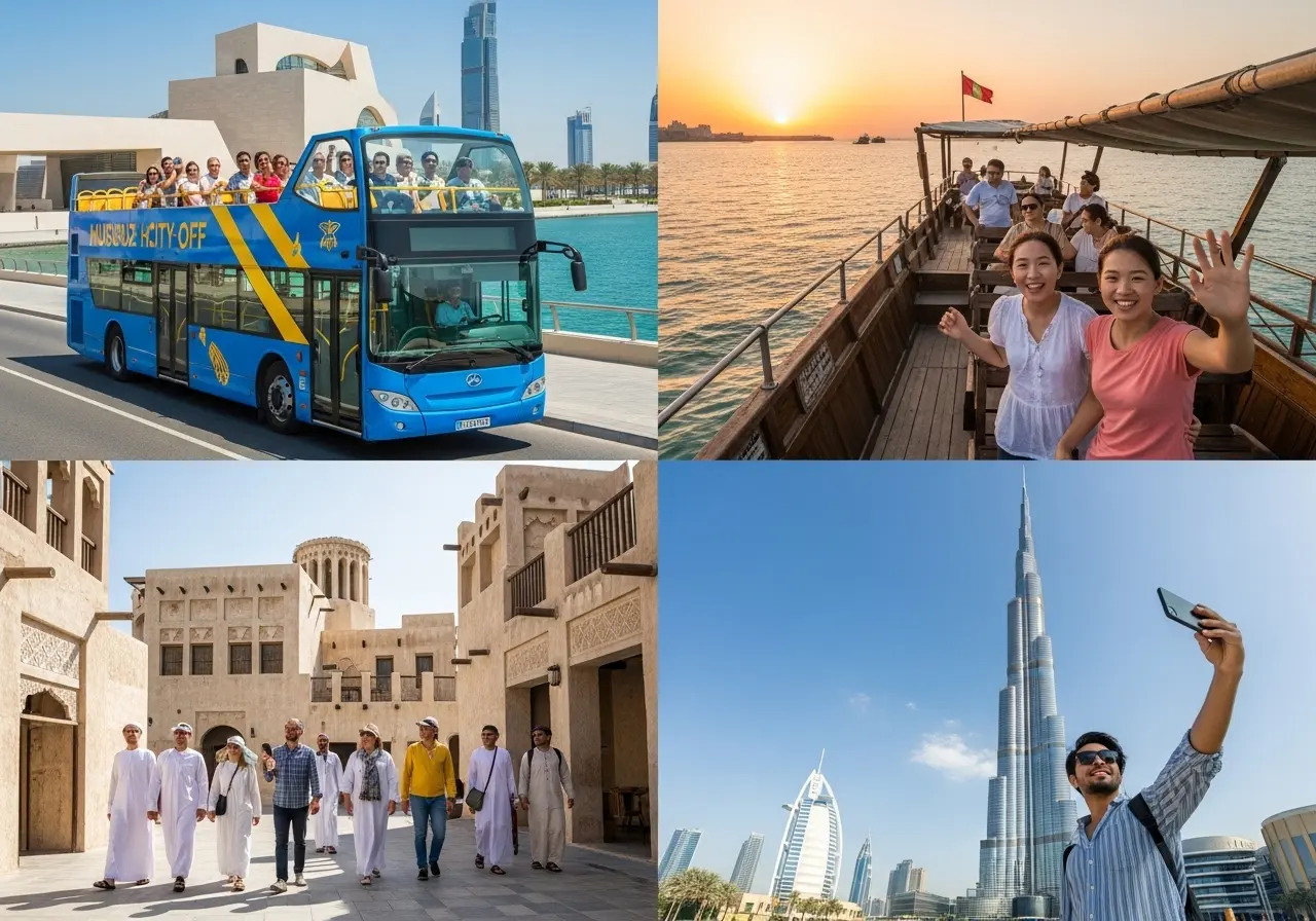 A collage of four images depicting different experiences on a Dubai City Tour, including a hop-on hop-off bus, a dhow cruise, a walking tour, and a visit to the Burj Khalifa.