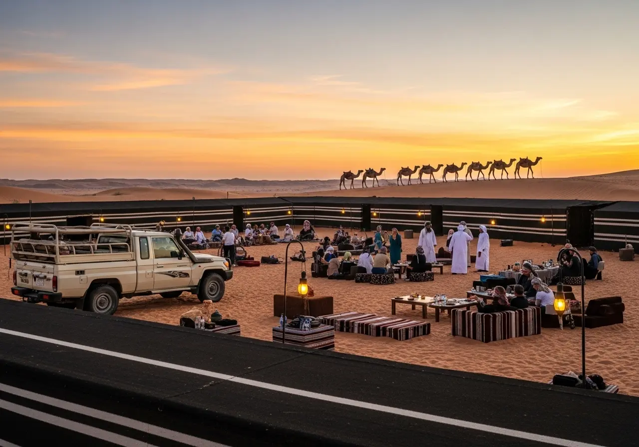 A beautiful Desert Safari Visit experience with a traditional Bedouin camp and a powerful 4x4 vehicle in the desert at sunset.
