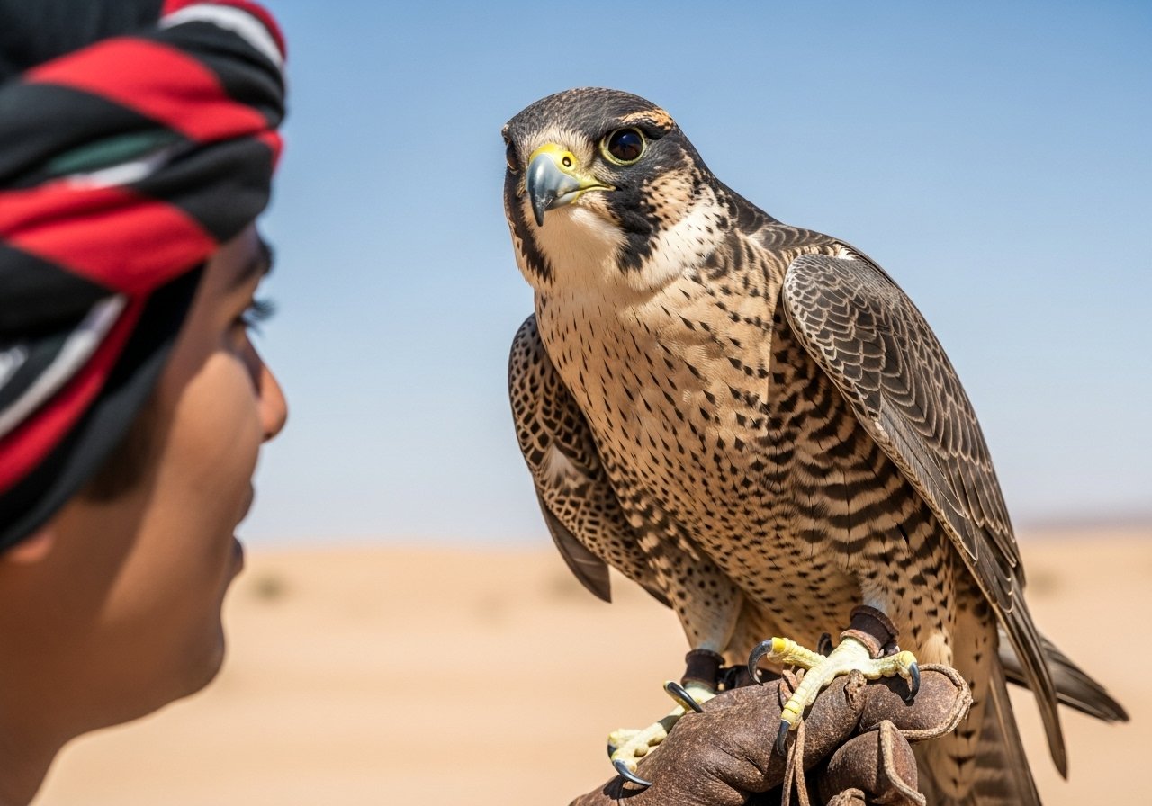 A visitor holding a majestic falcon during an Abu Dhabi Falcon Hospital tour.