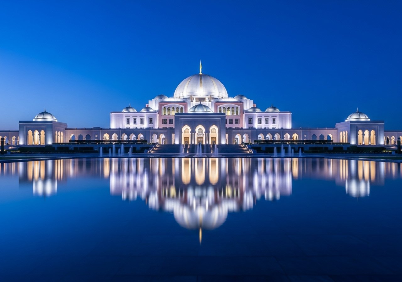 The majestic Abu Dhabi Presidential Palace illuminated at night during a tour.