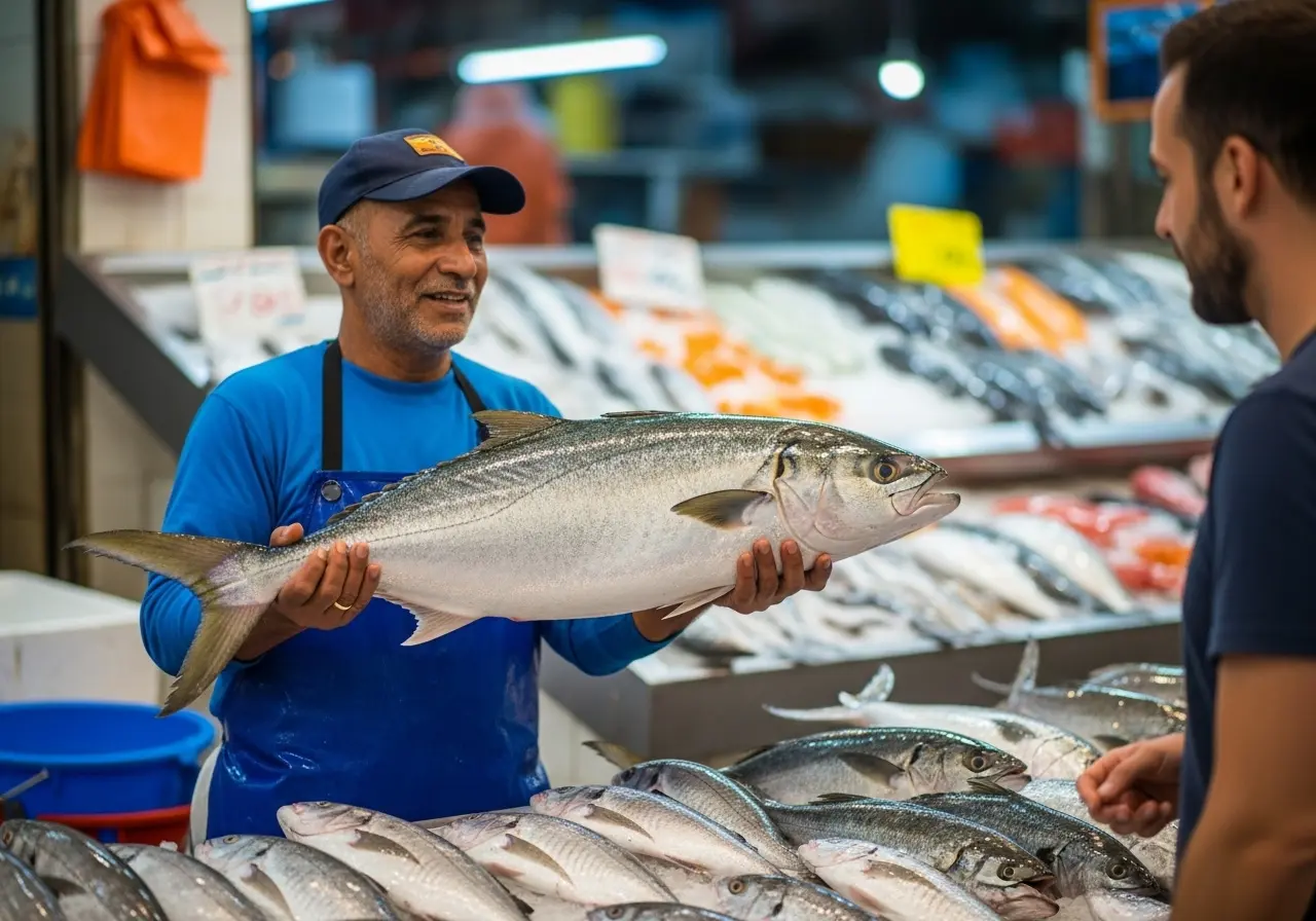A tourist on a Dubai seafood tour selecting a fresh fish from a vendor at the market.
