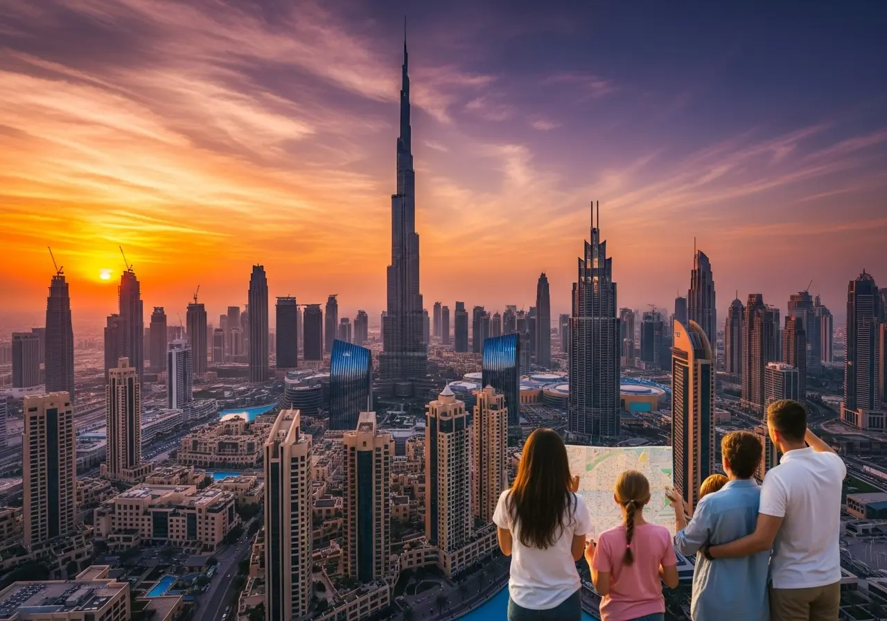 Dubai Holiday Packages Online - family enjoying a sunset view of the Dubai skyline.