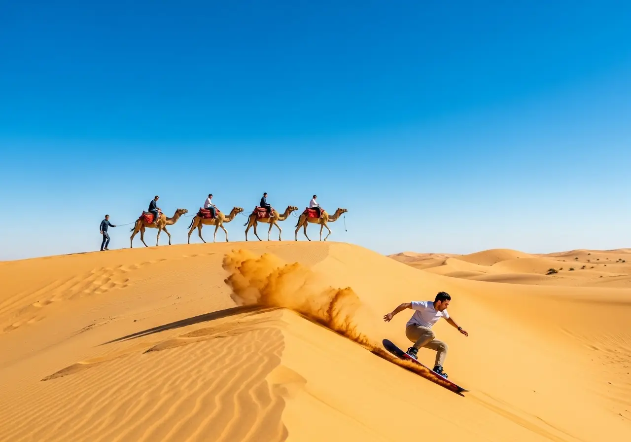 A person enjoying a camel sandboarding tour in the sunny Dubai desert.