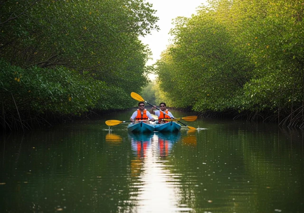 A couple enjoying a serene Abu Dhabi kayaking tour through the Eastern Mangroves.