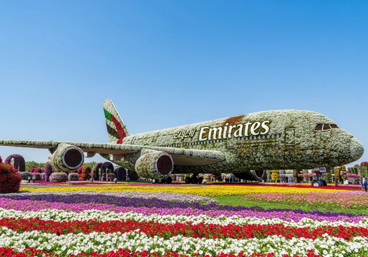 The incredible Guinness World Record-holding Emirates A380 floral sculpture at the vibrant Miracle Garden Dubai.