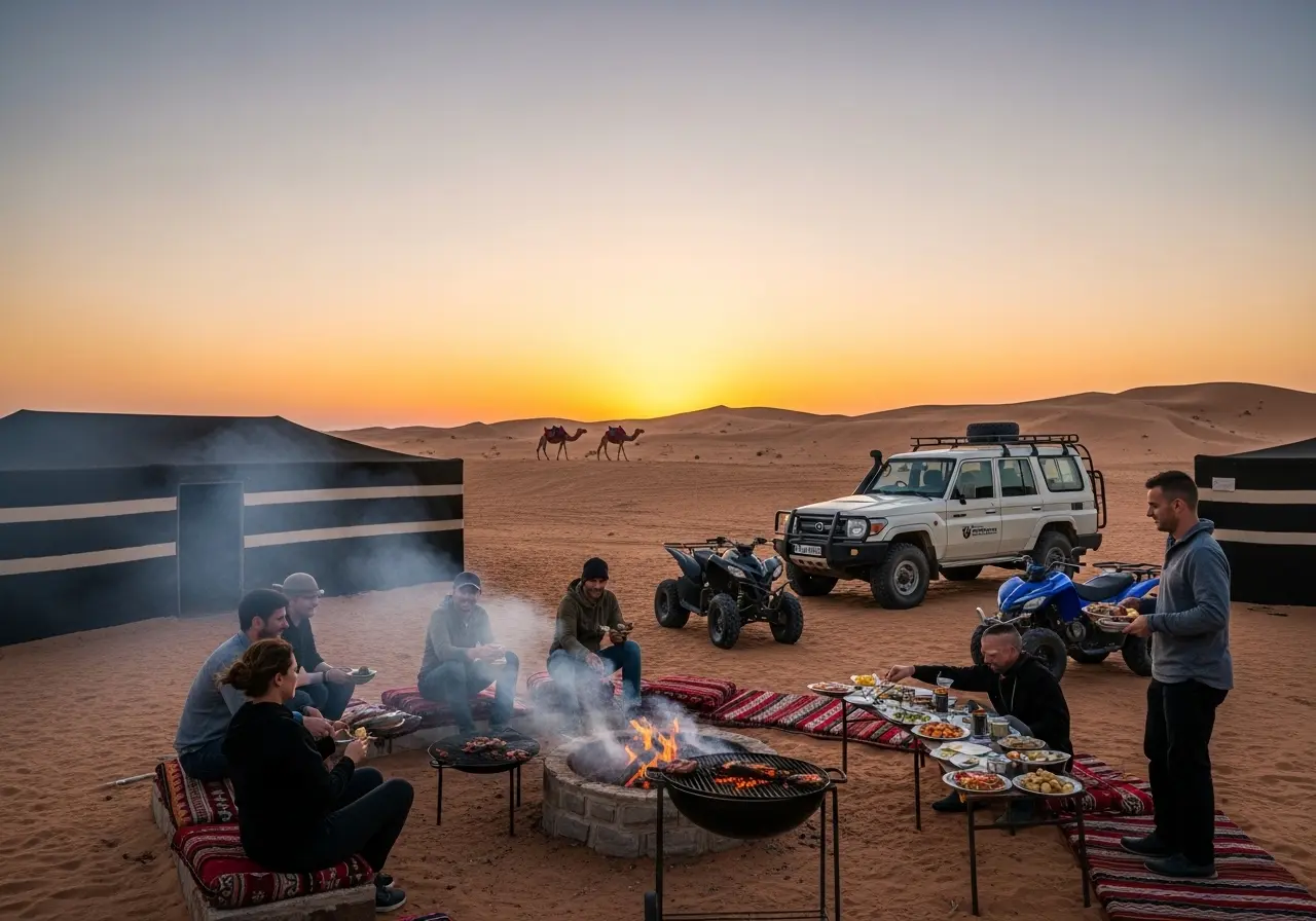A thrilling Dubai Desert Safari BBQ featuring a delicious BBQ dinner in the desert at sunset.