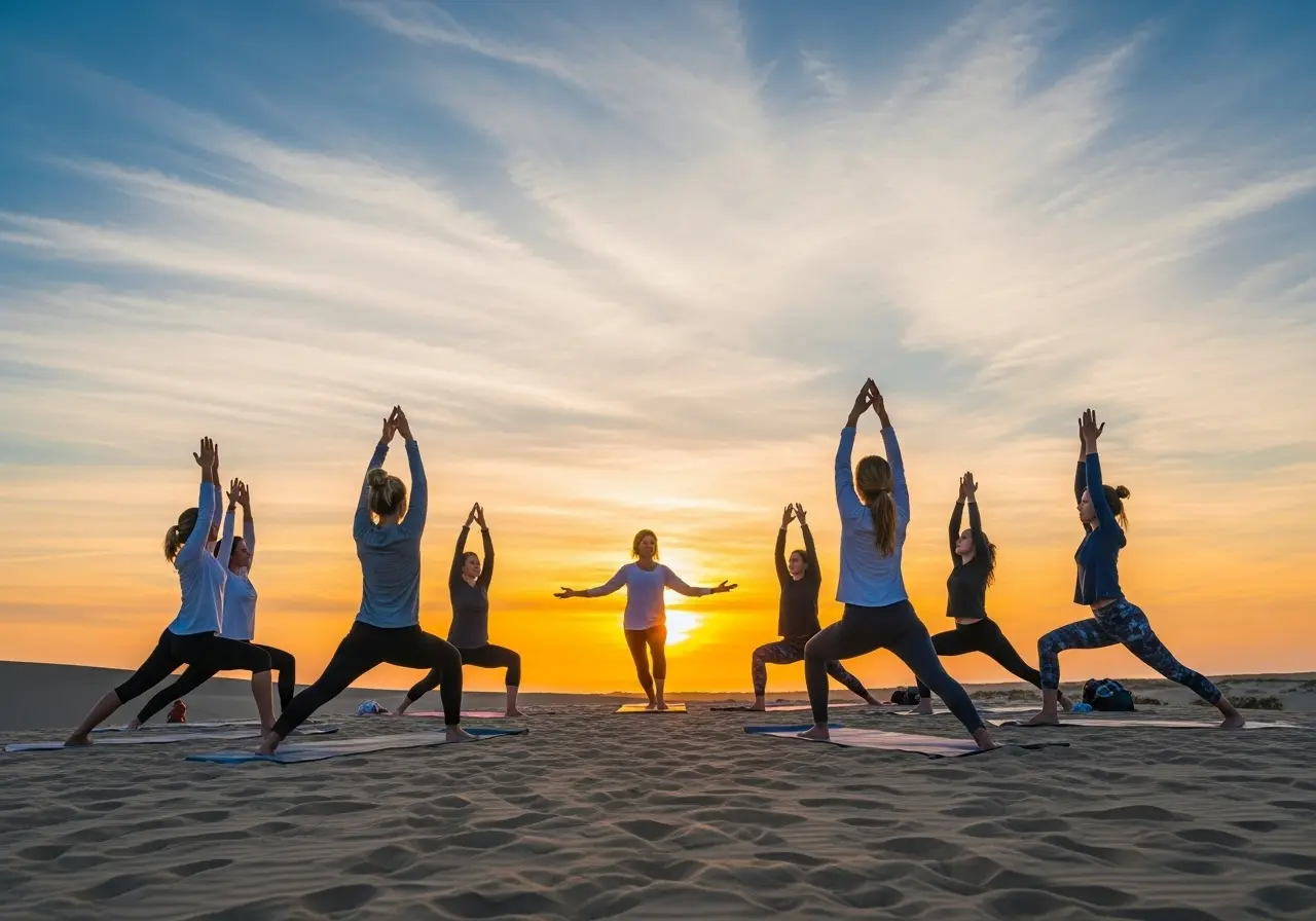 A group participating in a serene desert yoga retreat at sunrise. Desert Yoga Retreat Sunrise