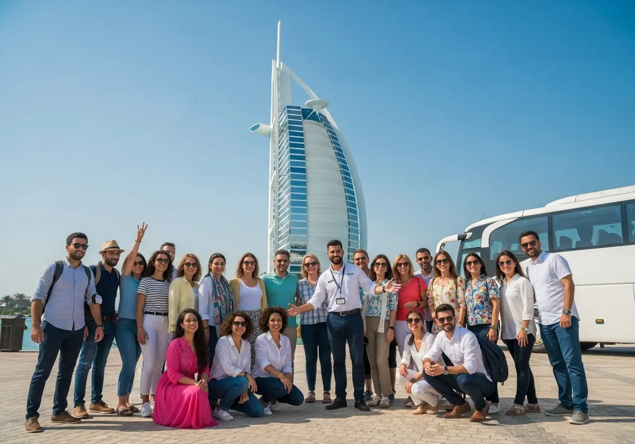 A large group on a successful private Dubai city tour for large groups.