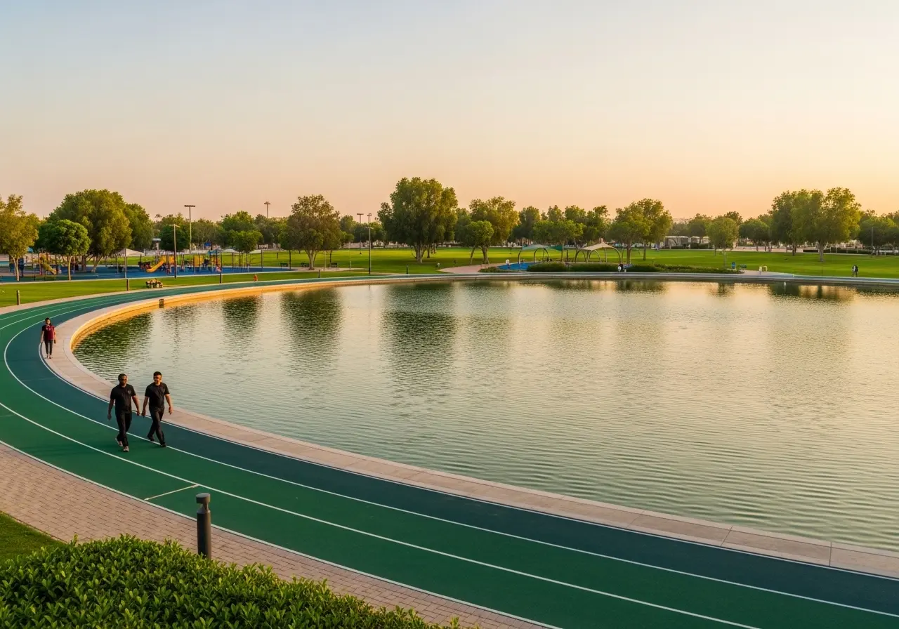 A beautiful panoramic view of Al Quoz Park at sunset, showing the serene central pond and the green running track.