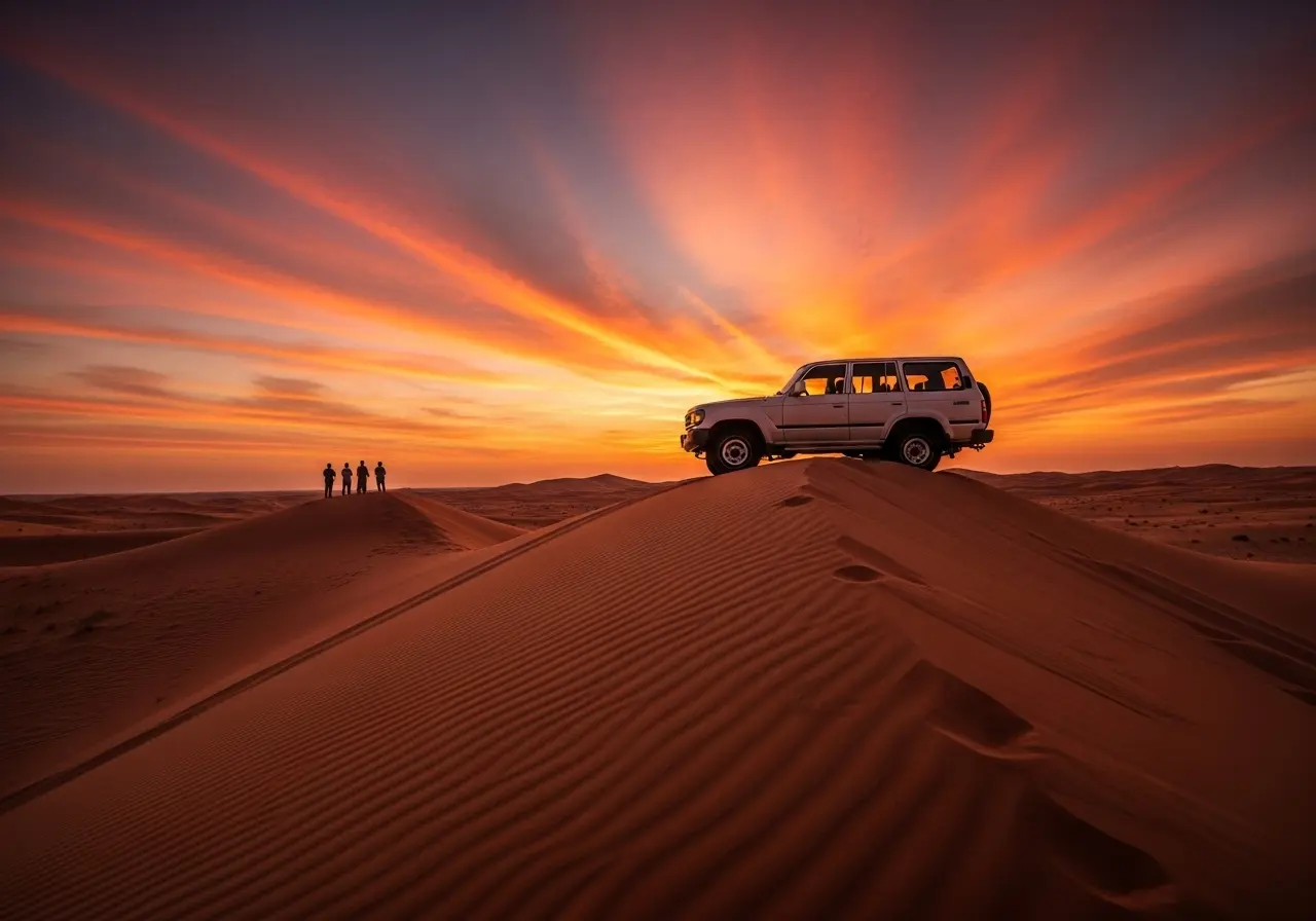 A group of people stand on a red dune watching the sunset, with a 4x4 vehicle nearby, embodying the experience of the Best Desert Safari Company in Dubai.