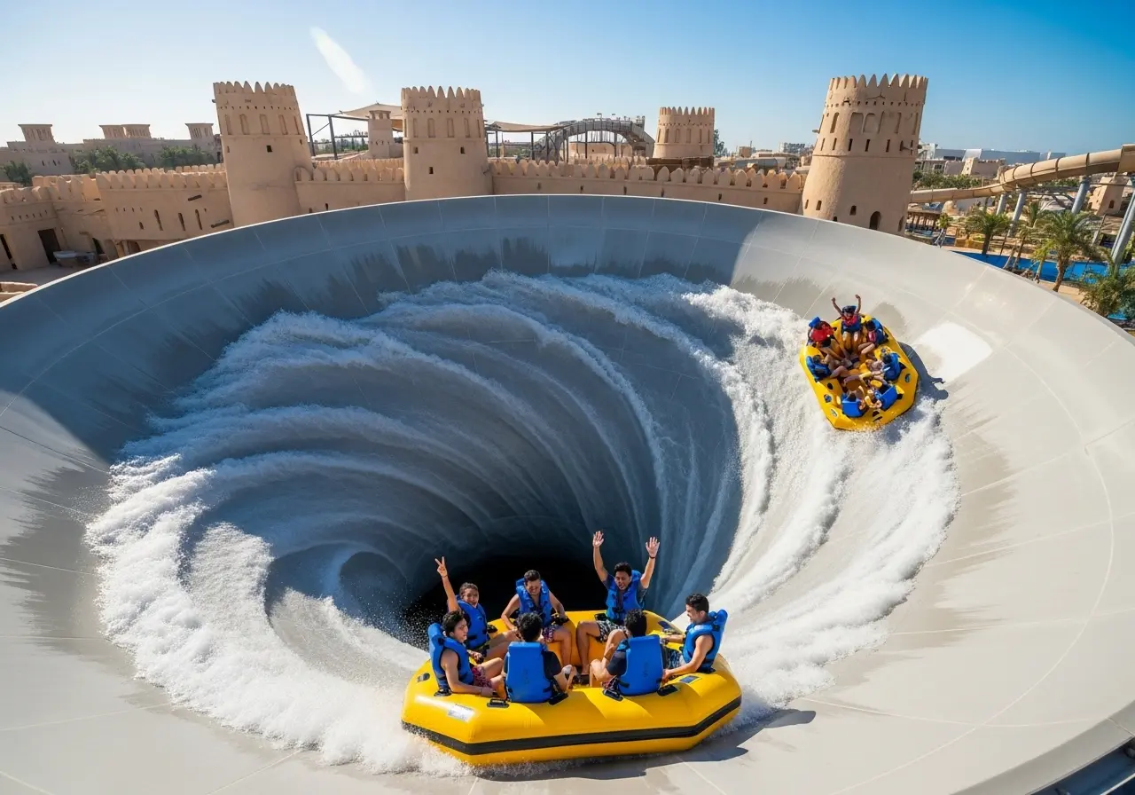 A group of people enjoying the thrilling Dawwama slide during an Abu Dhabi Yas Waterworld tour.