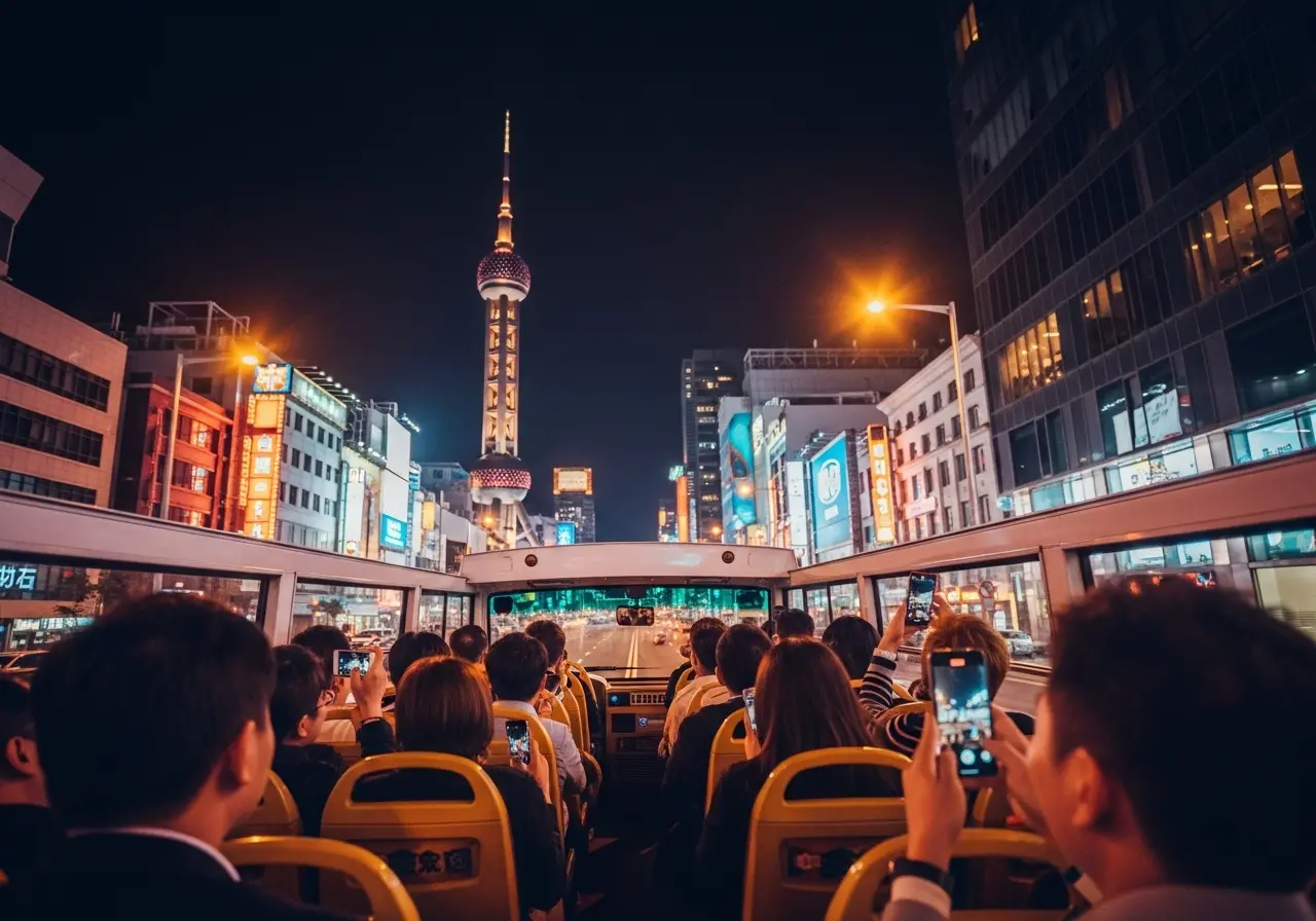 An open-top Night Bus Tour capturing the enchanting city lights of a bustling metropolis.