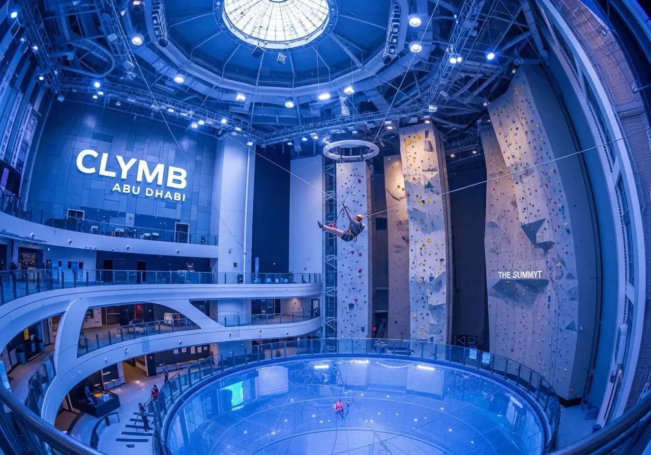 A person soaring on the thrilling Abu Dhabi zip-line inside CLYMB.