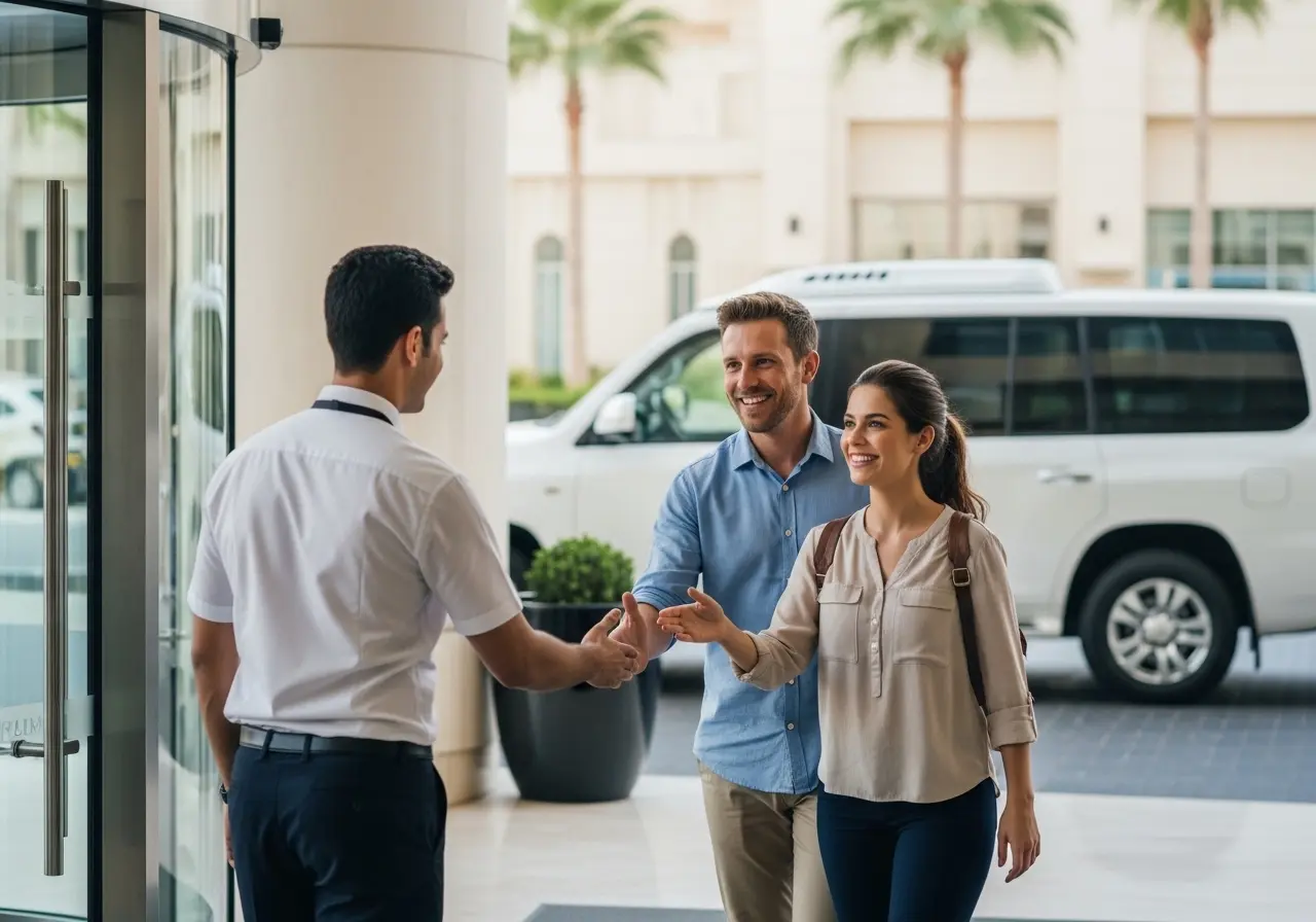A couple being greeted for their Dubai tour with pickup service directly from their hotel. Dubai Tours with Pickup: 15 Seamless Packages for Ultimate Convenience