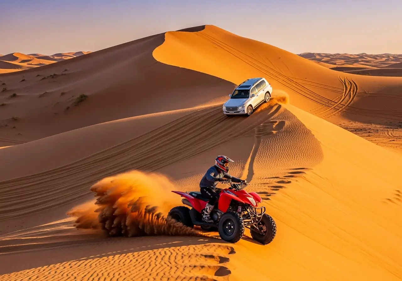 A person enjoying a thrilling quad biking dune bashing package in the Dubai desert at sunset.