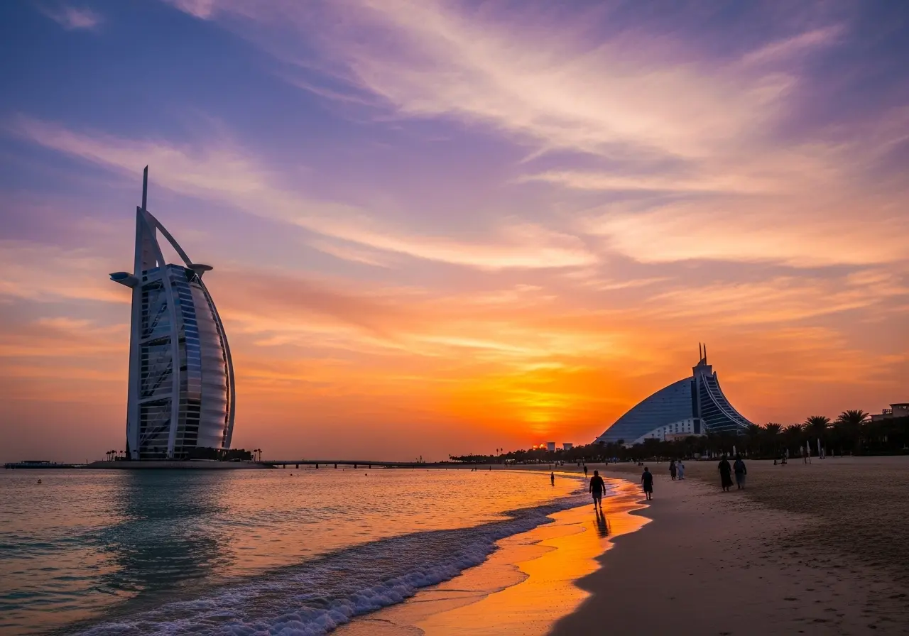A breathtaking sunset view at Jumeirah Park, with the iconic Burj Al Arab and the beautiful public beach.