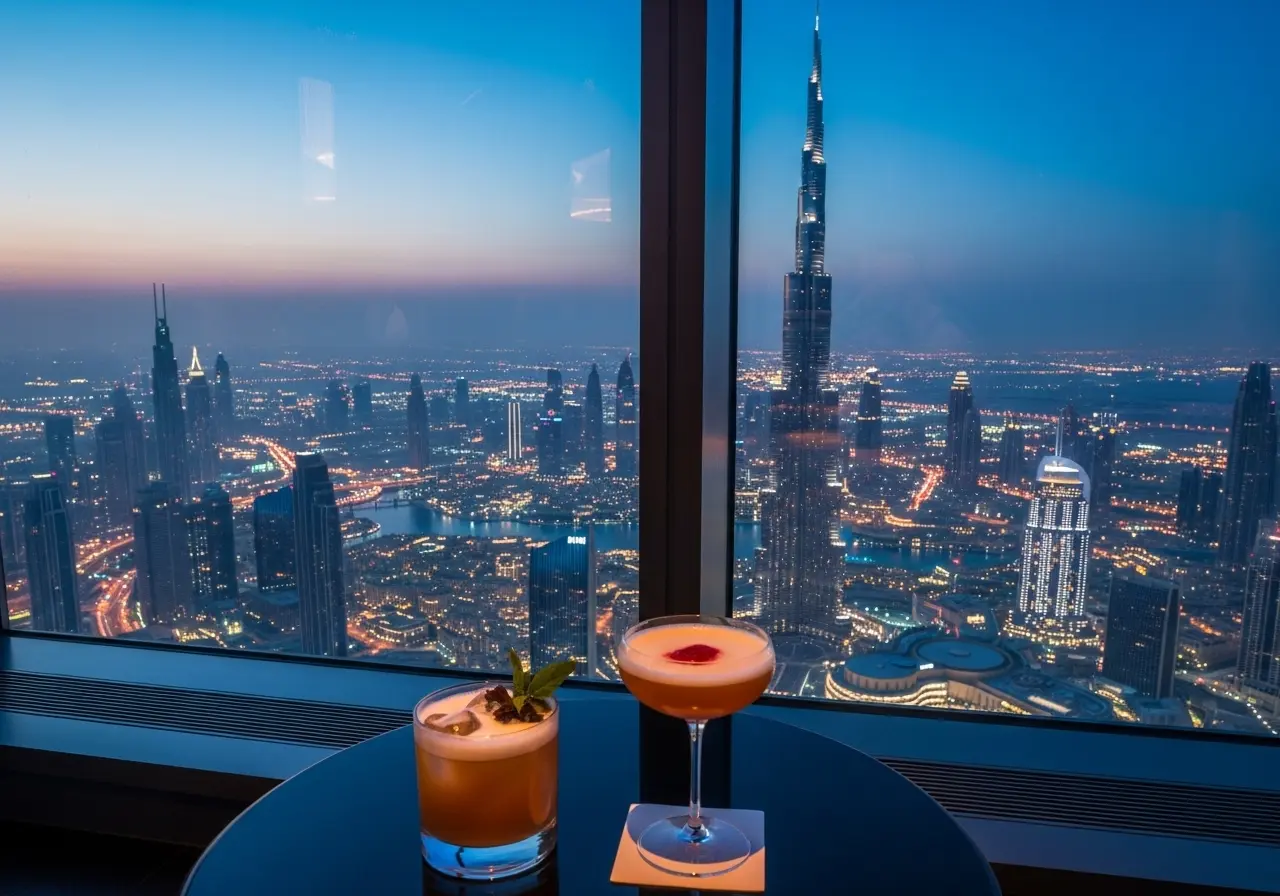 Enjoying cocktails as part of a free Burj Khalifa visit trick at At.mosphere lounge.