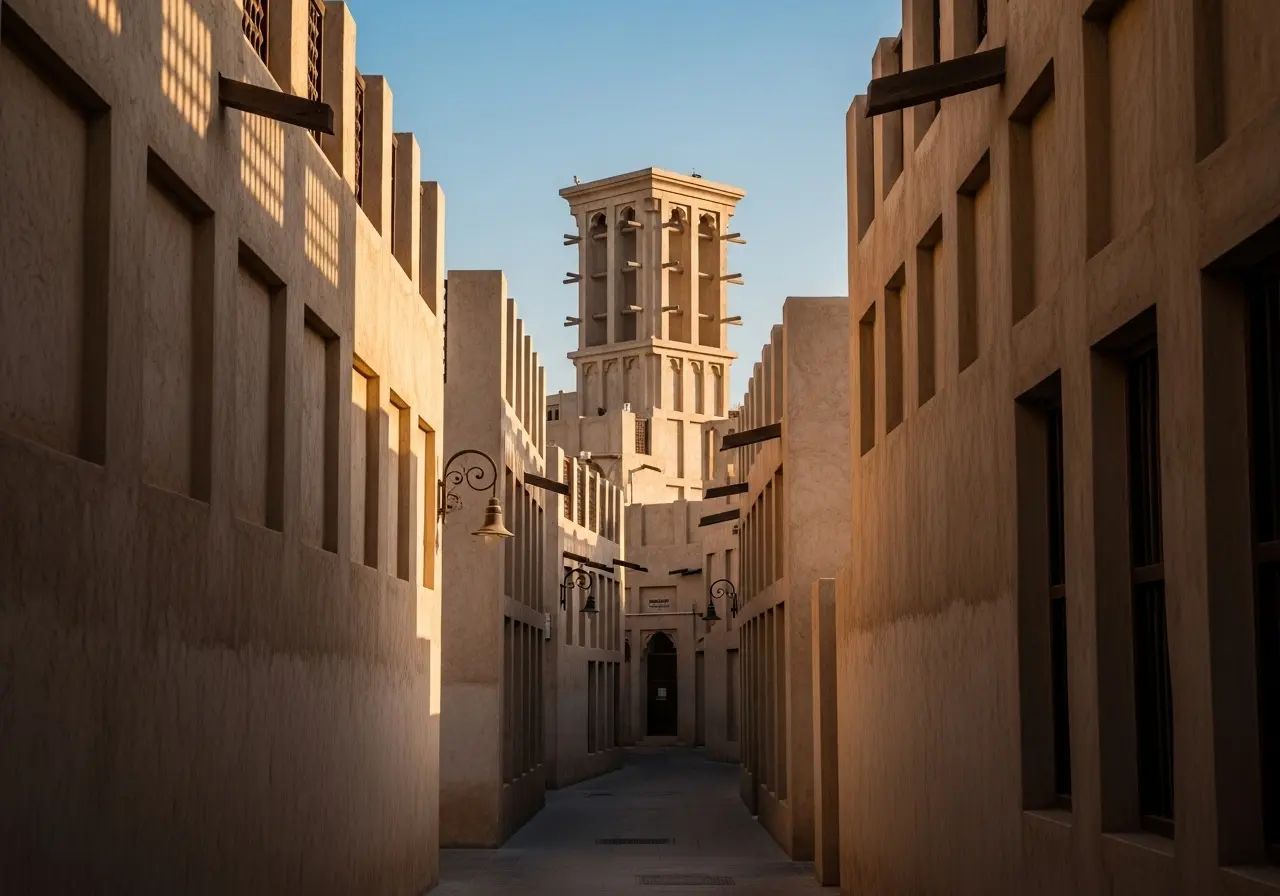 A quiet alleyway and wind tower during an Al Fahidi cultural tour.
