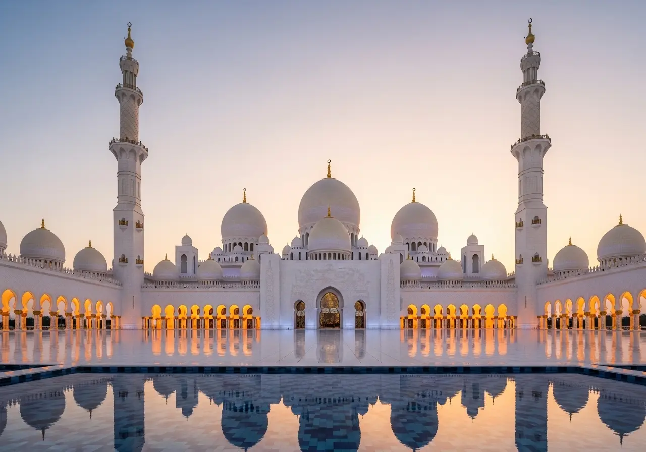 The magnificent Sheikh Zayed Mosque at sunset during a guided tour.