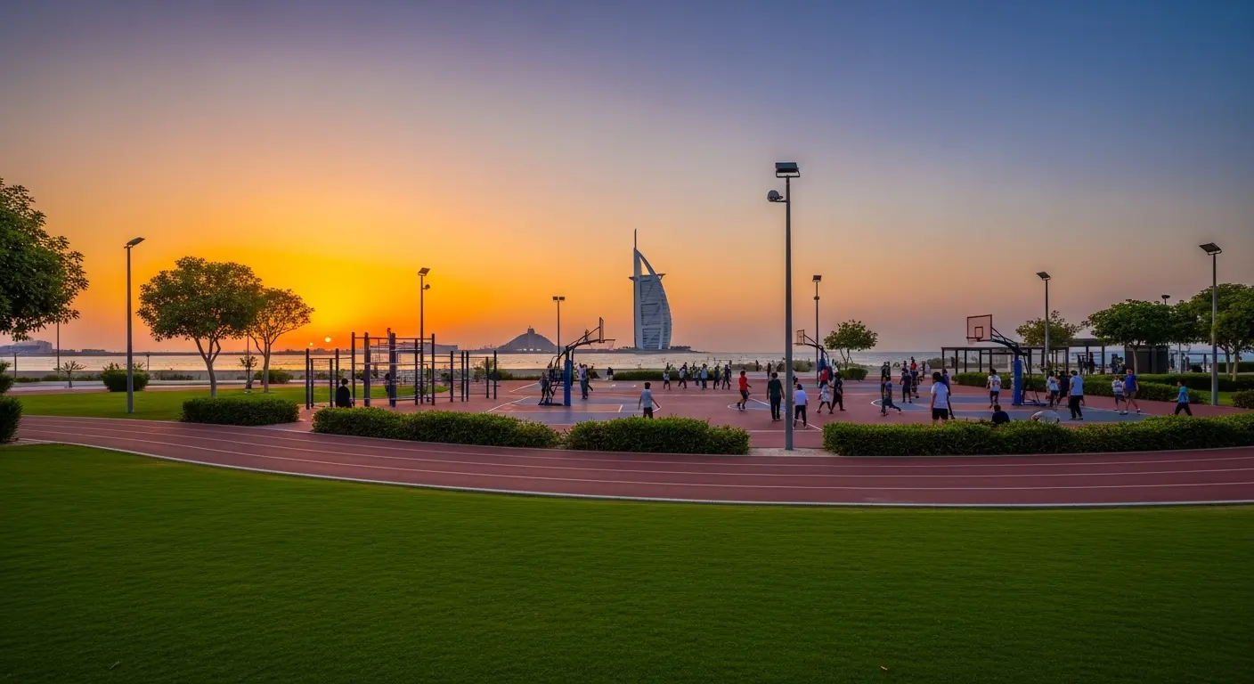A scenic view of Al Sufouh Park at sunset, showing the running track and basketball court with the famous secret beach and Burj Al Arab in the background.