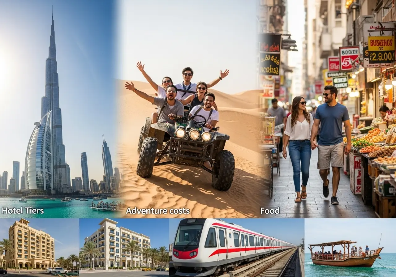 A collage illustrating the various factors that determine a dubai tour cost.