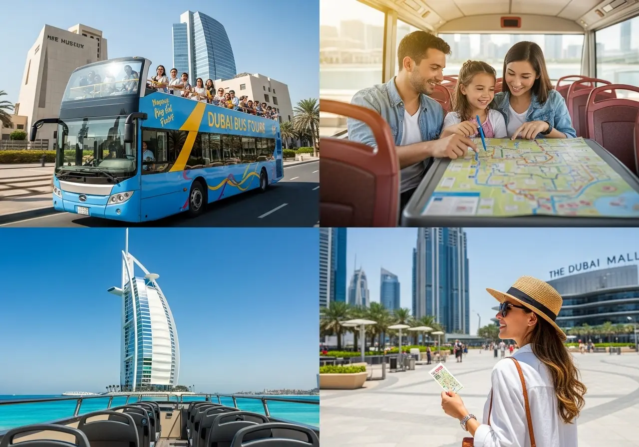 A collage of four images depicting different experiences with Dubai Bus Tours Tickets, including a hop-on hop-off bus in front of the Museum of the Future.