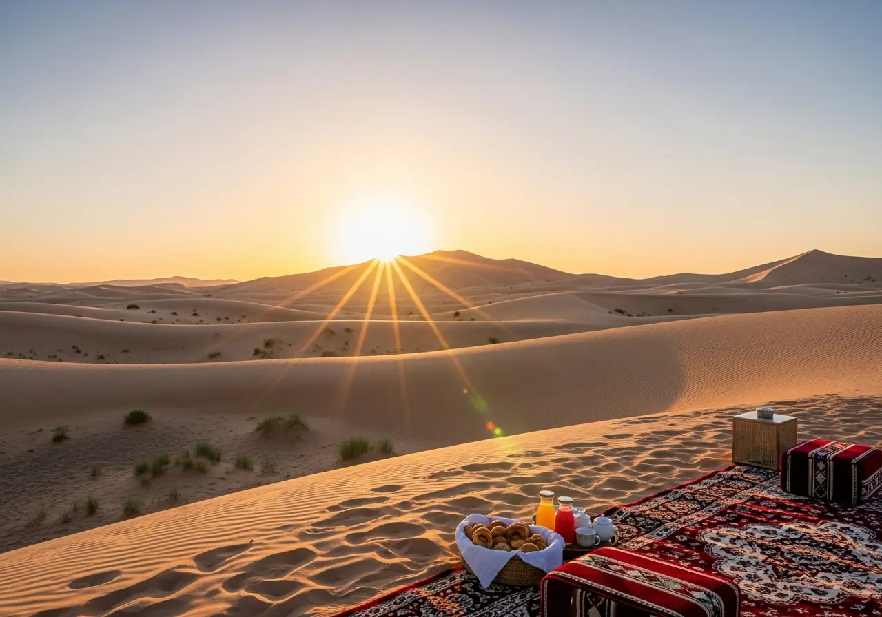A beautiful view and picnic during a sunrise desert safari with breakfast.