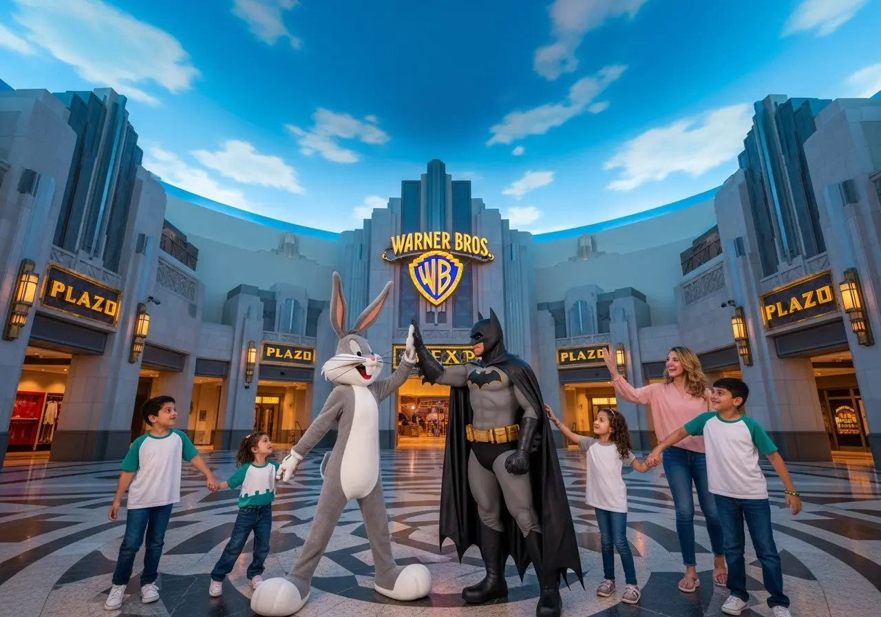 A family meeting Batman and Bugs Bunny on an Abu Dhabi Warner Bros. tour.