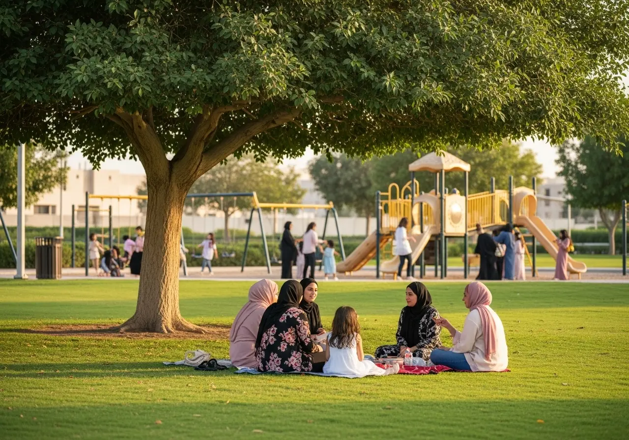 Women and children enjoying a peaceful and happy afternoon at the beautiful Al Mankhool Park in Dubai on a ladies-only day.